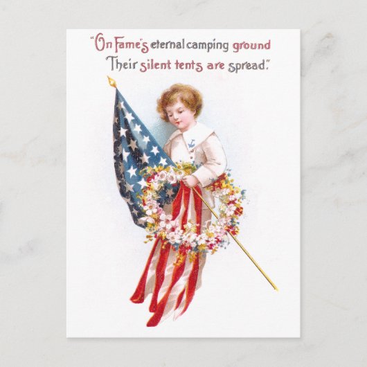 Amerikaanse vlag, jongen en krans  patriottisch briefkaart (Voorkant)