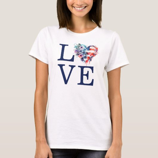 Amerikaanse Vlag Liefde Hart 4 juli T-shirt (Voorkant)