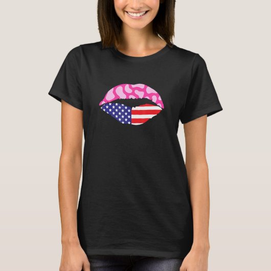 Amerikaanse vlag Lips Cute Pink Koe Print 4 juli T-shirt (Voorkant)