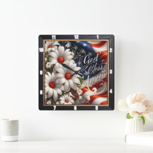 Amerikaanse Vlag Madeliefjes Patriottisch Vierkante Klok