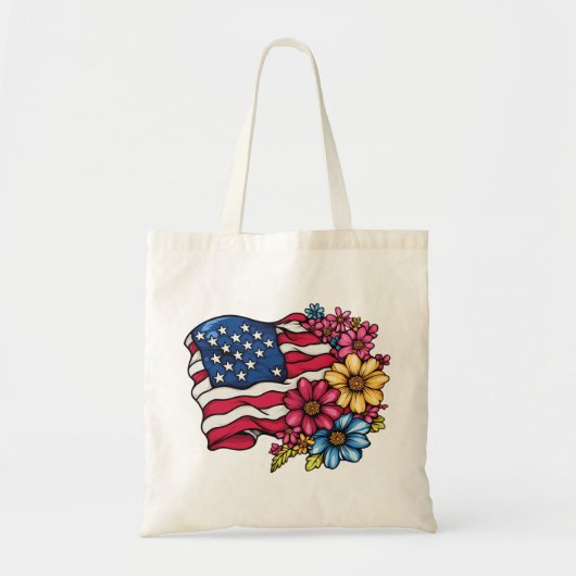Amerikaanse vlag met bloemen Patriottische Canvas  Tote Bag (Voorkant)