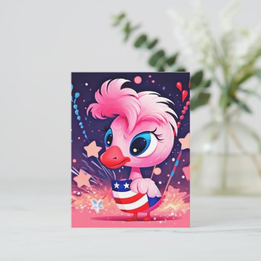 Amerikaanse vlag met Flamingo Cartoon-69216 Feestdagenkaart (Staand voorkant)