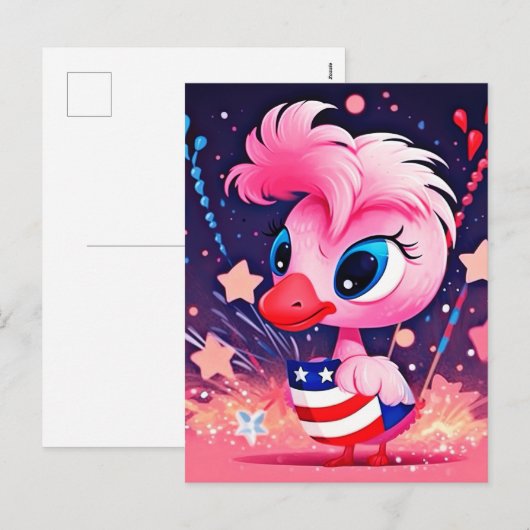 Amerikaanse vlag met Flamingo Cartoon-69216 Feestdagenkaart (Voorkant / Achterkant)
