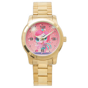 Amerikaanse vlag met Flamingo Cartoon-69217 Horloge
