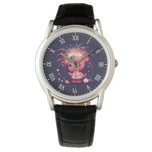 Amerikaanse vlag met Flamingo Cartoon-69218 Horloge