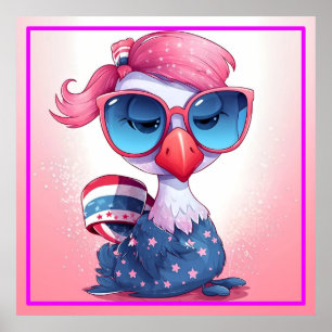 Amerikaanse vlag met Flamingo Cartoon-69679 Poster