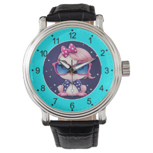 Amerikaanse vlag met Flamingo Cartoon-69680 Horloge