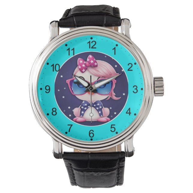 Amerikaanse vlag met Flamingo Cartoon-69680 Horloge (Voorkant)