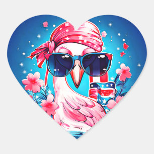 Amerikaanse vlag met Flamingo Cartoon-69681 Hart Sticker
