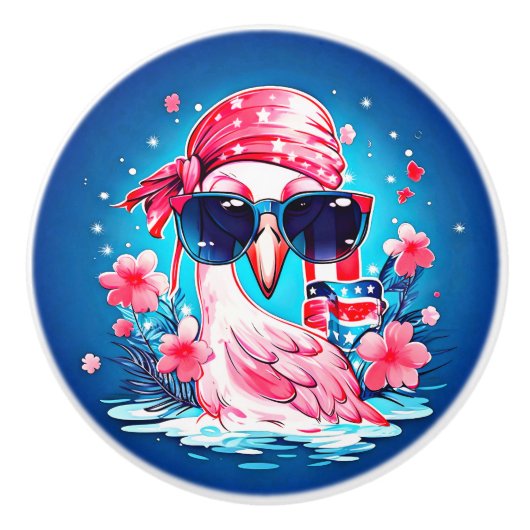 Amerikaanse vlag met Flamingo Cartoon-69681 Keramische Knop (Voorkant)