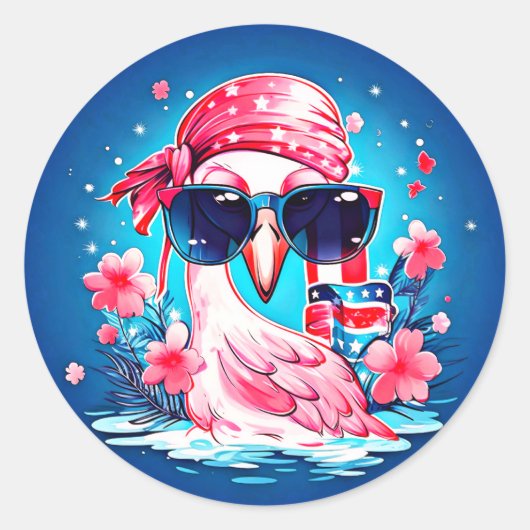 Amerikaanse vlag met Flamingo Cartoon-69681 Ronde Sticker (Voorkant)