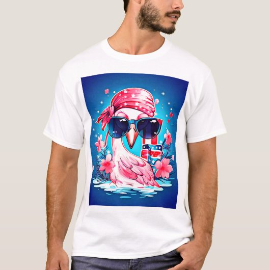 Amerikaanse vlag met Flamingo Cartoon-69681 T-shirt (Voorkant)