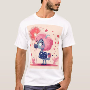Amerikaanse vlag met Flamingo Cartoon Metal Print T-shirt