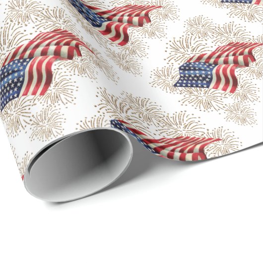  Amerikaanse vlag met Gold Glitter Fireworks Cadeaupapier (Rol Hoek)