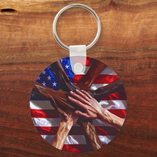 Amerikaanse vlag met handen van verschillende Amer Sleutelhanger (Voorkant)