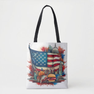 Amerikaanse vlag met iconische monumenten Canvas t Tote Bag