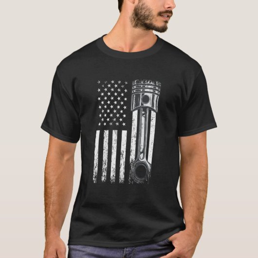 Amerikaanse vlag met motor van auto-pomp grafisch t-shirt (Voorkant)