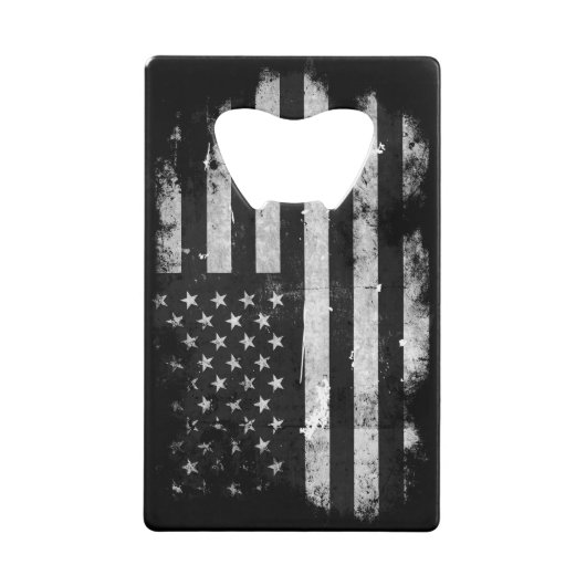 Amerikaanse vlag met zwarte en witte vlag creditkaart flessenopener (Voorkant)