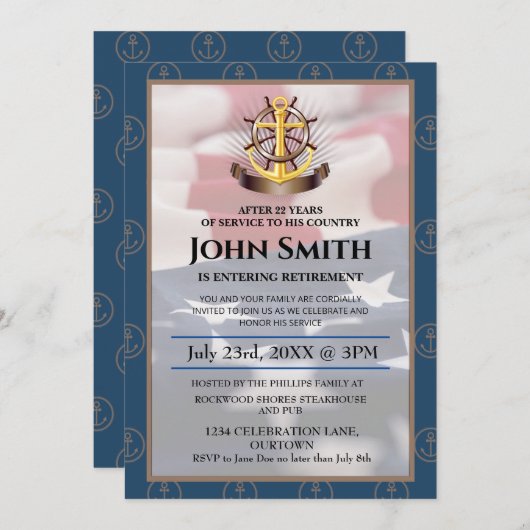 Amerikaanse vlag | Nautical Gold Anker Military Re Kaart (Voorkant / Achterkant)