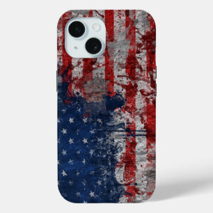 Amerikaanse vlag op de muur van Grunge iPhone 15 Case