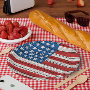 Amerikaanse Vlag op het Doorstane Houten Patroon Papieren Bordje