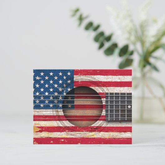 Amerikaanse vlag op oude akoestische gitaar briefkaart (Staand voorkant)