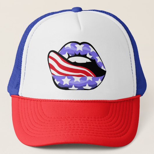 Amerikaanse vlag op sensuele lippen met tong. trucker pet (Voorkant)