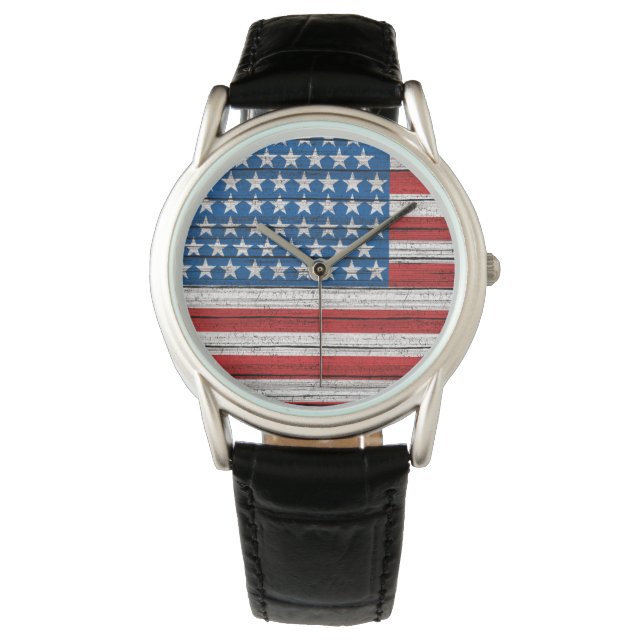 Amerikaanse vlag op verweerd hout grain patroon horloge (Voorkant)