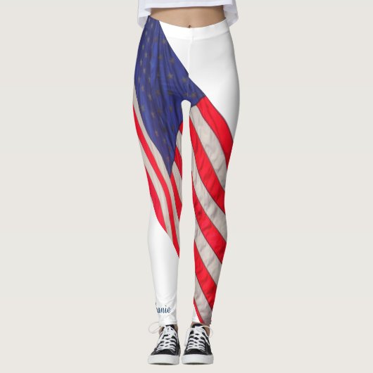 Amerikaanse vlag op witte achtergrond met naam leggings (Voorkant)