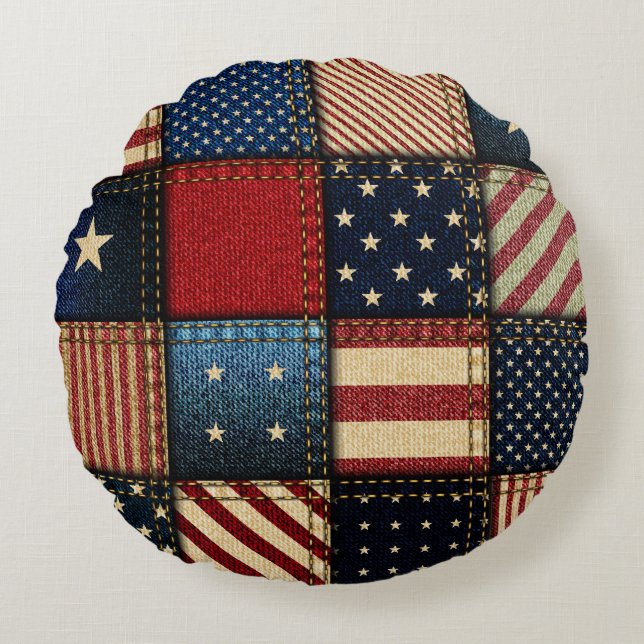 Amerikaanse vlag, patchwork naadloos patroon. rond kussen (Voorkant)