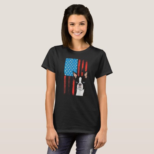 Amerikaanse vlag Patriotic Dog Boston Terrier T-shirt (Voorkant volledig)