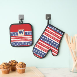 Amerikaanse vlag patroon gepersonaliseerd 2 ovenwant & pannenlap set