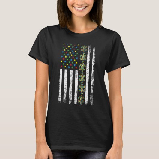 Amerikaanse vlag Puzzle Piece Autisme Awareness T-shirt (Voorkant)