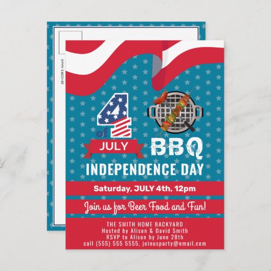 Amerikaanse vlag Red White Blue 4 van JULY BBQ Par Uitnodiging Briefkaart (Voorkant / Achterkant)