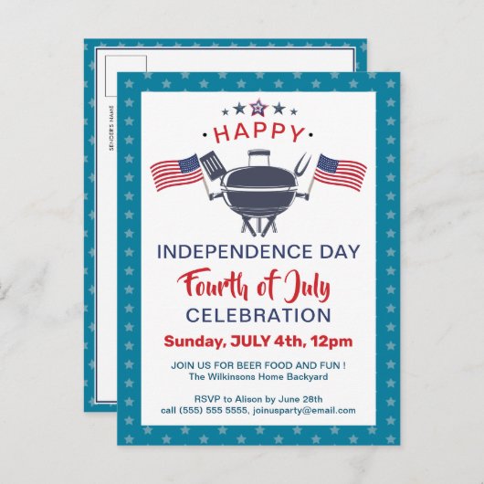 Amerikaanse vlag Red White Blue 4 van JULY BBQ Par Uitnodiging Briefkaart (Voorkant / Achterkant)