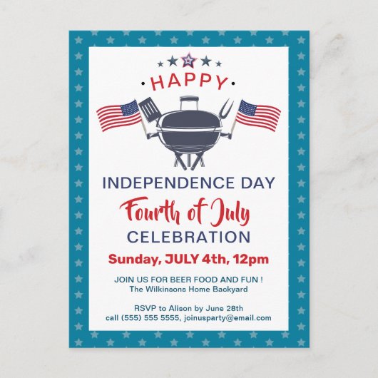 Amerikaanse vlag Red White Blue 4 van JULY BBQ Par Uitnodiging Briefkaart (Voorkant)
