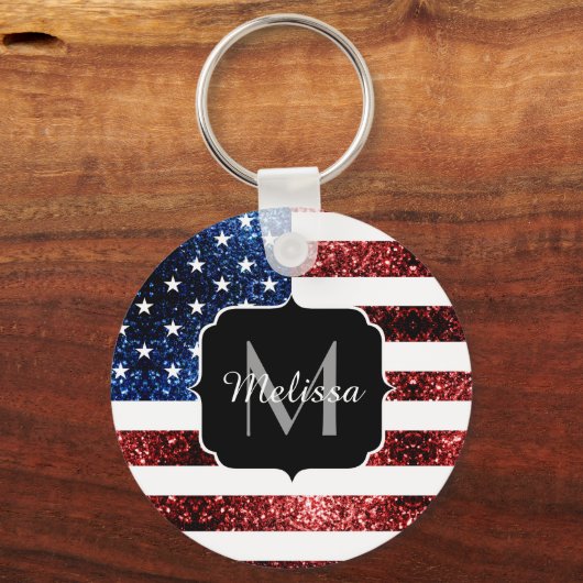 Amerikaanse vlag rode blauwe muggen monogram sleutelhanger (Voorkant)