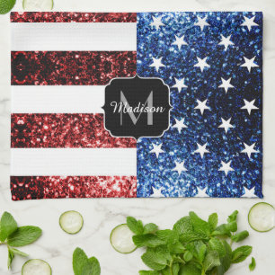 Amerikaanse vlag rode blauwe muggen monogram theedoek