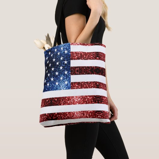 Amerikaanse vlag rode en blauwe mousserende glitte tote bag (Dichtbij)