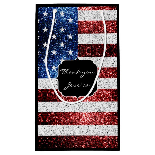 Amerikaanse vlag rode witte blauwe sparken glitter klein cadeauzakje (Achterkant)