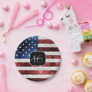 Amerikaanse vlag rode witte blauwe sparken glitter papieren bordje