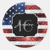 Amerikaanse vlag rode witte blauwe sparken glitter ronde sticker (Voorkant)