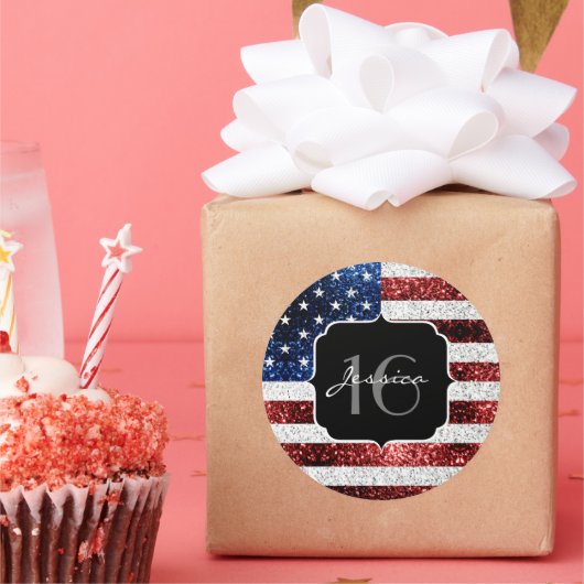 Amerikaanse vlag rode witte blauwe sparken glitter ronde sticker (Feest)