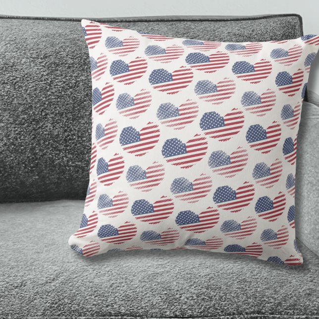 Amerikaanse Vlag Rood Wit Blauw Patriottisch Kussen (Cute Patriotic American Flag Rustic Heart Pattern Throw Pillow)