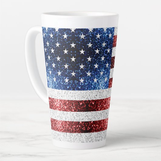 Amerikaanse vlag rood wit blauw sprankelt glitters latte mok (Linkerhoek)