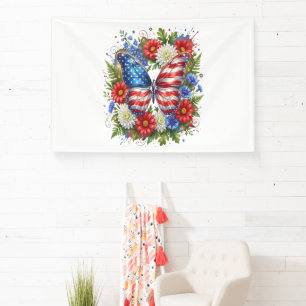 Amerikaanse Vlag Rood Wit Blauw Vlinder Bloem Spandoek