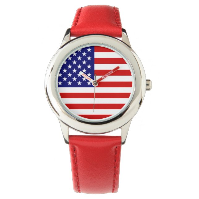 Amerikaanse vlag rood wit en blauw + rode band horloge (Voorkant)
