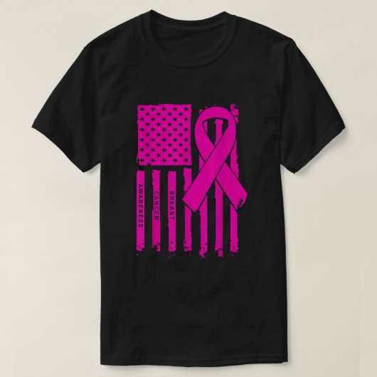 Amerikaanse vlag roze lintstof borstkanker t-shirt (Design voorkant)