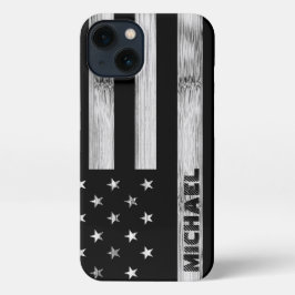 Amerikaanse vlag Rustic Wood Black White Monogram iPhone 13 Hoesje