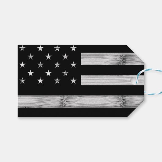 Amerikaanse vlag Rustic Wood Black White Patriotic Cadeaulabel (Voorkant (Horizontaal))